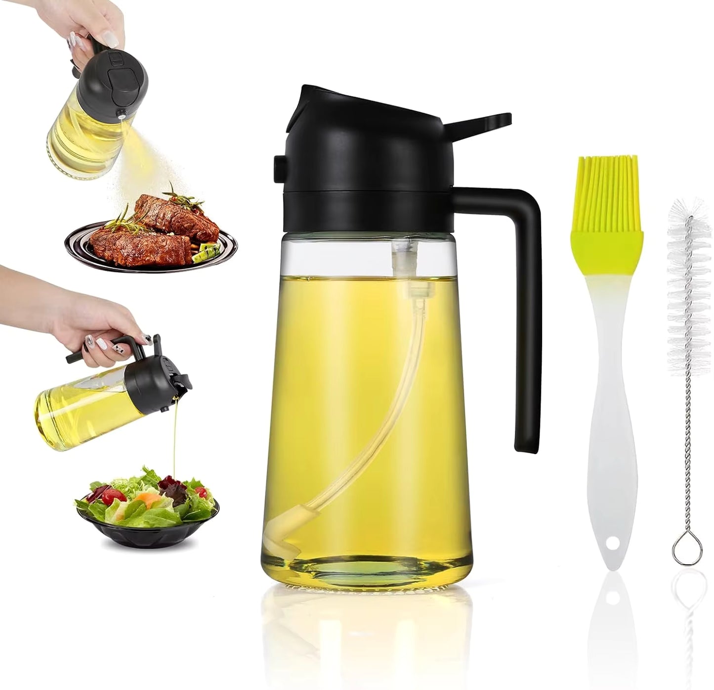 2-in-1 Oil Sprayer & Dispenser Bottle – Premium Nozzle | Multi-Purpose Kitchen Oil Bottle for Frying, Air Fryer, Salad, Baking
