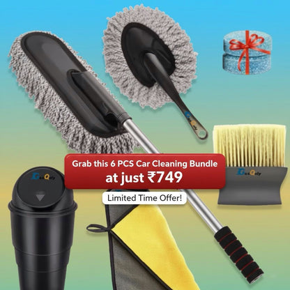 6-in-1 Car Cleaning Bundle – Long Handle Brush, Cleaning Brush mini, AC Vent Cleaner, Microfiber Duster Cloth, Glass Wash Tablets & Mini Dustbin Kit